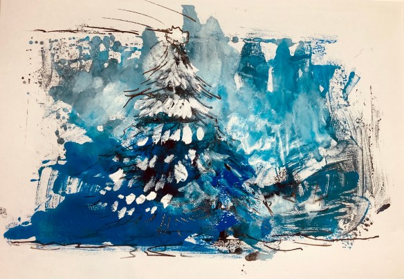 Imagined Winter trees, mono print, Maxine Dodd