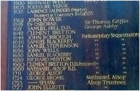 St Peter's Church - Vicar Board - detail, showing Laurence Saunders dates of service