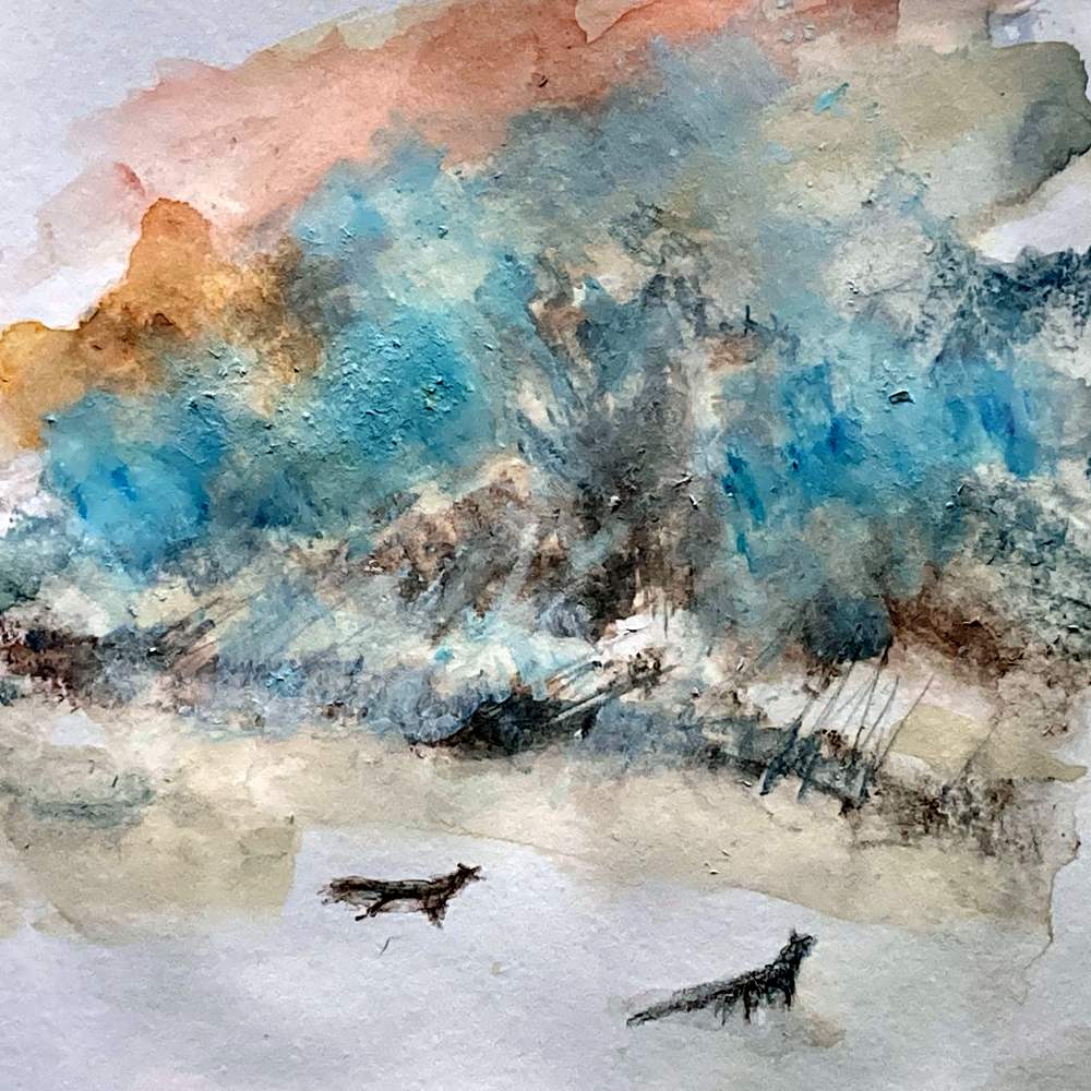 Foxes in the field, mixed media image, Maxine Dodd