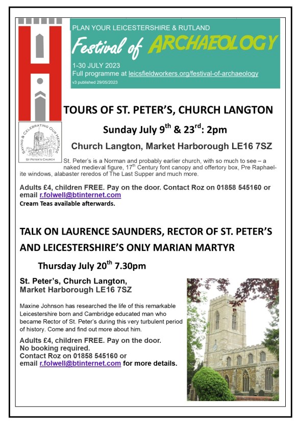 July Festival of Archaeology Poster for events at St Peter's Church, Leicestershire