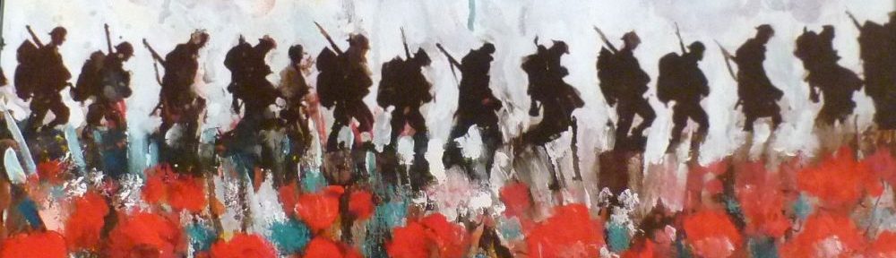 'For the Fallen' detail of painting by Maxine Dodd artist, showing a row of soldiers in silhouette, walking from left to right against a stormy sky with poppies at their feet.