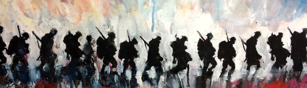 For the Fallen is a painting by Maxine Dodd, inspired by 'Gassed' by John Singer Sargent. It shows a line of soldiers in silhouette against a storming sky trudging over a field of muddy poppies. Mixed media painting with collage.