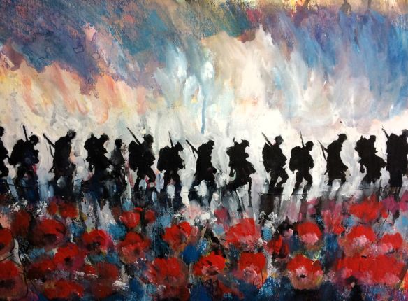 For the Fallen is a painting by Maxine Dodd, inspired by 'Gassed' by John Singer Sargent. It shows a line of soldiers in silhouette against a storming sky trudging over a field of muddy poppies. Mixed media painting with collage.