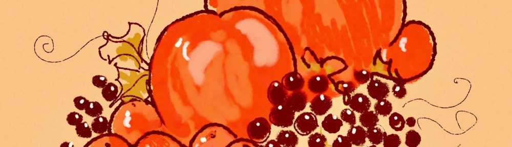 Rosy Autumn Harvest A digital pastel drawing of harvest produce, pumpkins, tomatoes and grapes by Maxine Dodd