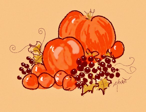 Rosy Autumn Harvest A digital pastel drawing of harvest produce, pumpkins, tomatoes and grapes by Maxine Dodd