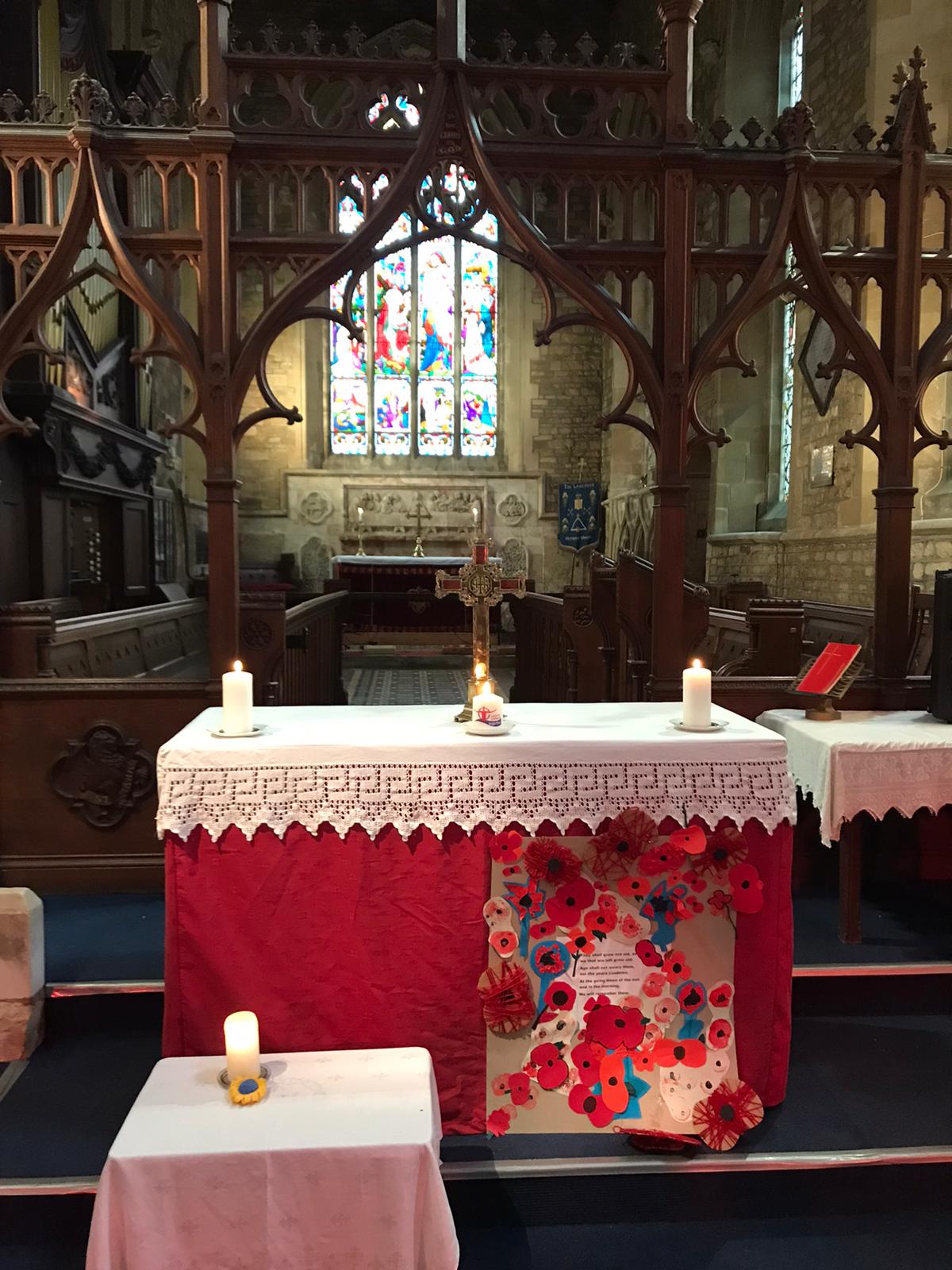 St Peter's Church, close up view to the altar on Remembrance Sunday