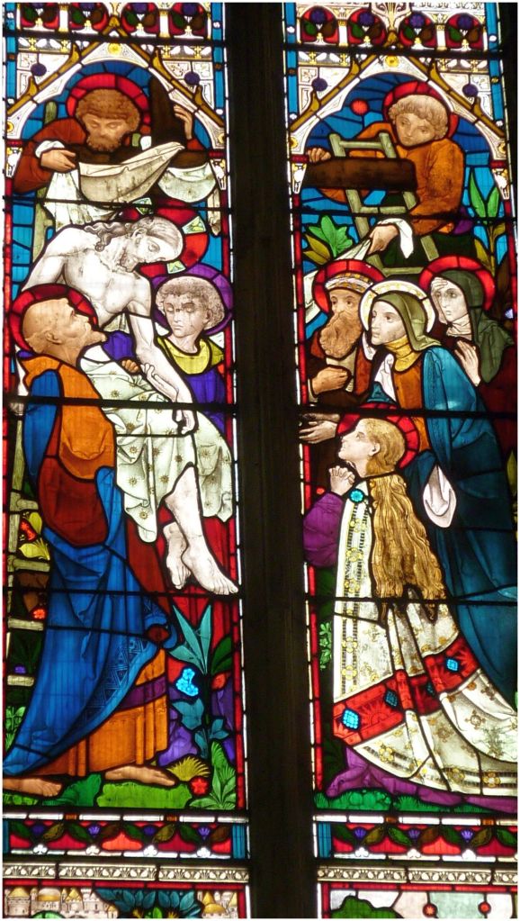 St Peter's Church High Altar Window which shows the Deposition of Christ from the Cross and the women who tended him, including Mary Magdalene