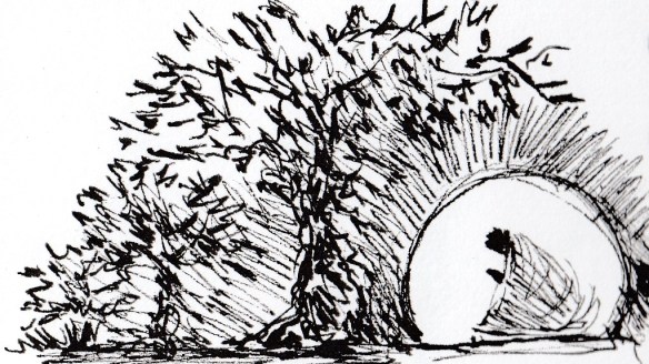The Agony in the Garden - Pen and ink drawing by Maxine Dodd artist. The image shows a spreading tree in the centre with smaller trees to the left. To the right of the main tree is a low moon against the night sky. The figure of Jesus, kneeling at prayer is silhouetted against the moon.