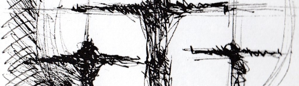 Three Crosses on the hillside a drawing by Maxine Dodd artist in pen and ink on white paper - The three crosses and hanging figures are seen in silhouette with a large white sun behind - the figures of Mary and John are suggested below Jesus in the centre