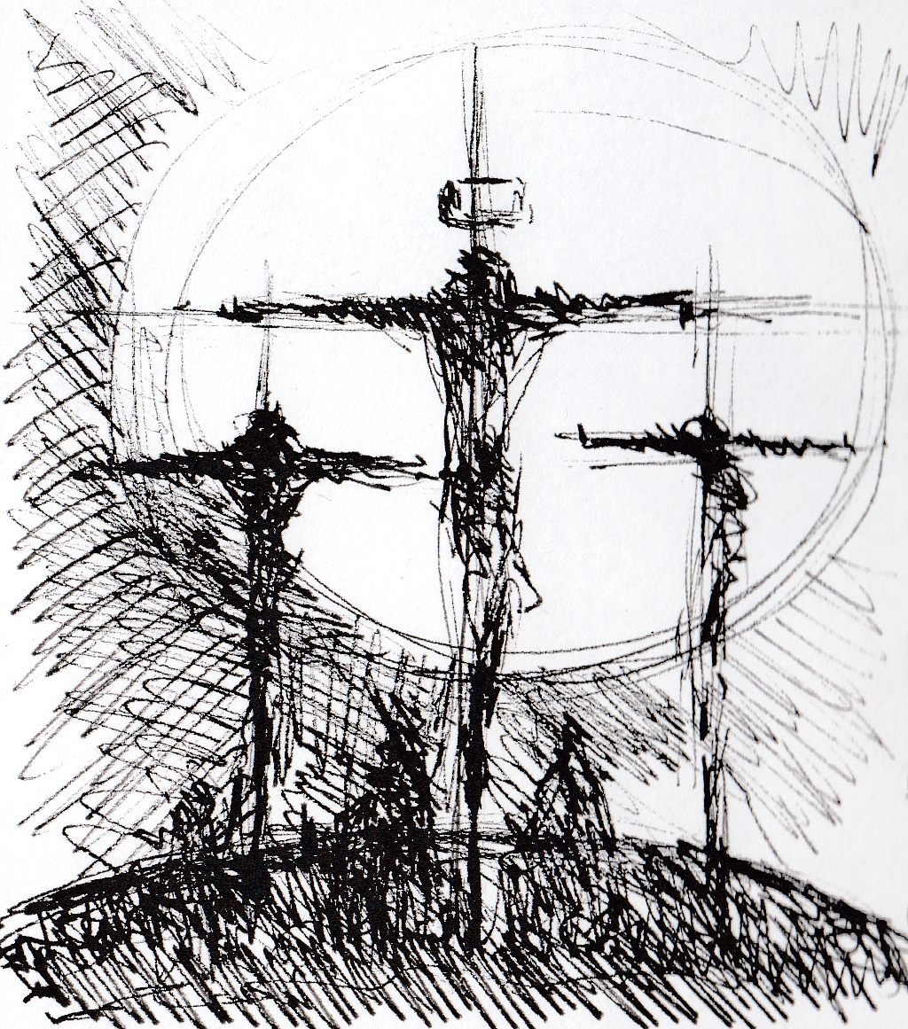 Three Crosses on the hillside a drawing by Maxine Dodd artist in pen and ink on white paper - The three crosses and hanging figures are seen in silhouette with a large white sun behind - the figures of Mary and John are suggested below Jesus in the centre