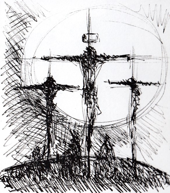 Three Crosses on the hillside a drawing by Maxine Dodd artist in pen and ink on white paper - The three crosses and hanging figures are seen in silhouette with a large white sun behind - the figures of Mary and John are suggested below Jesus in the centre
