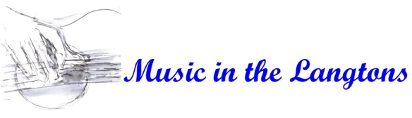Music in the Langtons header image - Shows a drawing of a hand playing the guitar in pen and ink by Maxine Dodd artist
