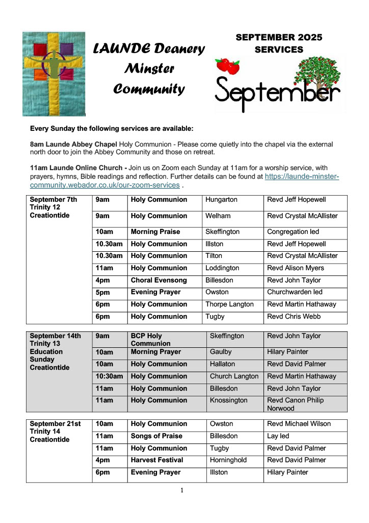 Image showing the service pattern and worship for September 2025 in the Launde Deanery, Leicestershire. 
