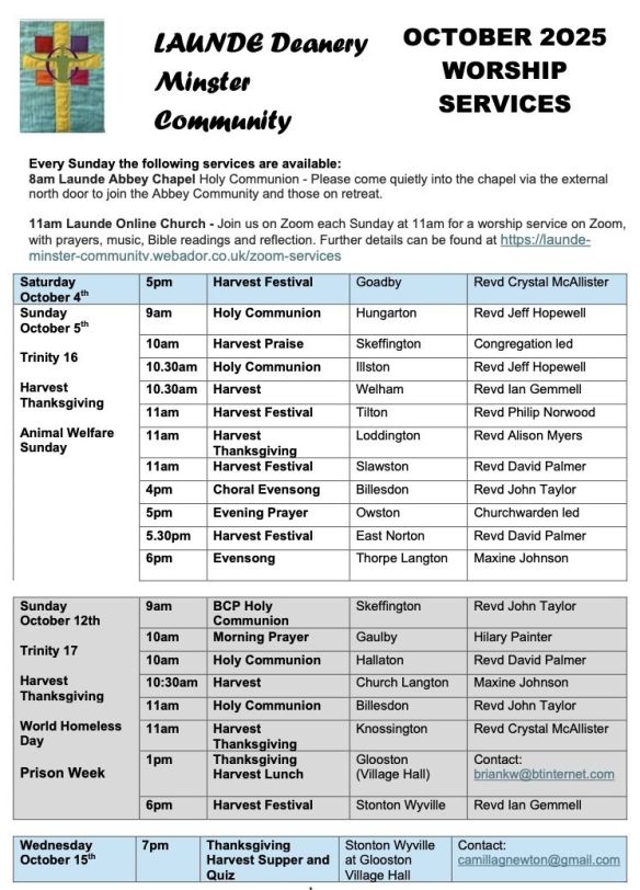 Launde Deanery October worship - timetable grid image
