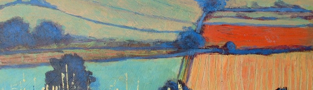 Maxine Dodd artist, painting, 'Harvest' shows the fields in the Langtons - bold and colourful, with wheat and blue skies