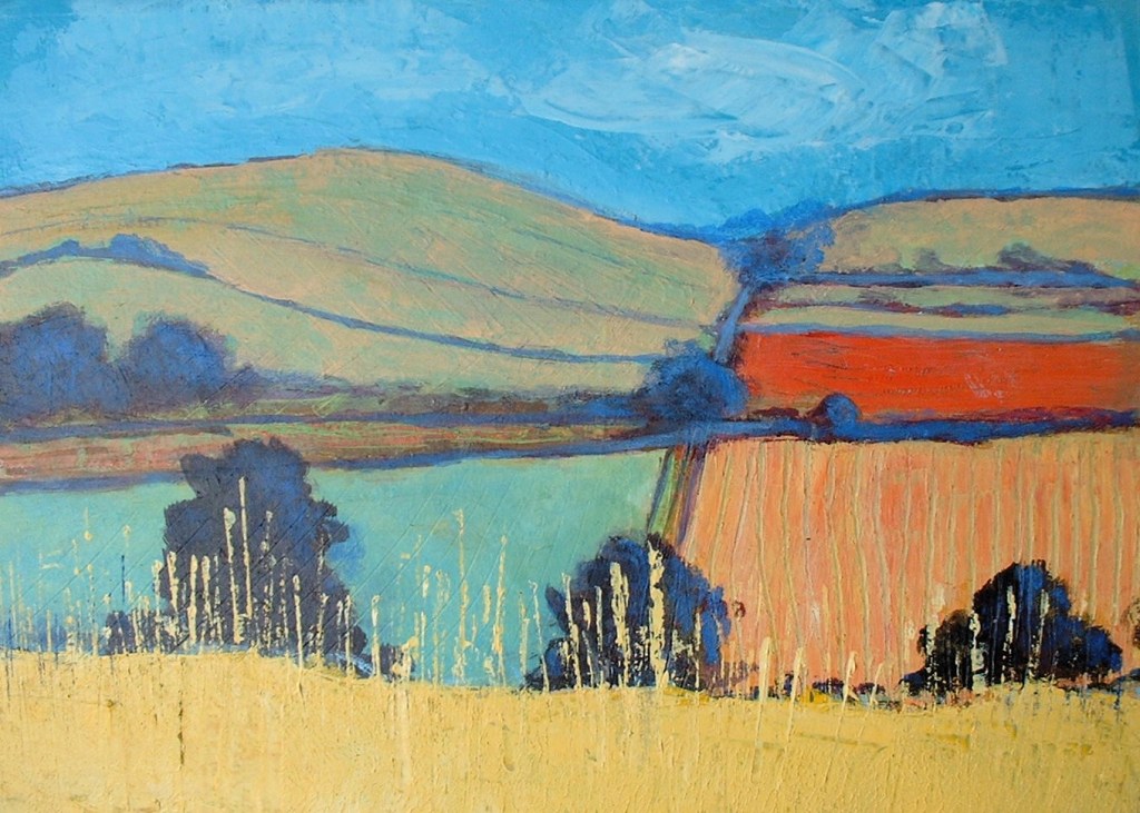Maxine Dodd artist, painting, 'Harvest' shows the fields in the Langtons - bold and colourful, with wheat and blue skies