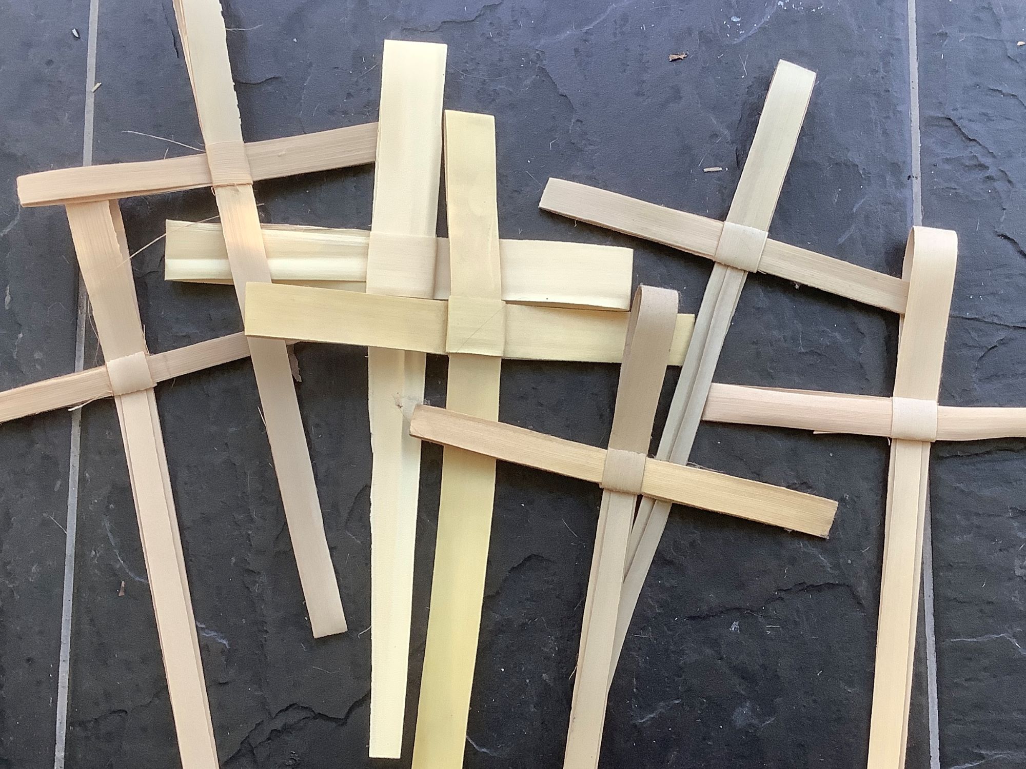 Photo by Maxine Dodd of a collection of seven Palm Sunday crosses, against a black background. The crosses are handmade from fronds of real palm trees, used by the people to greet Jesus as he arrived in Jerusalem at the start of Holy Week.