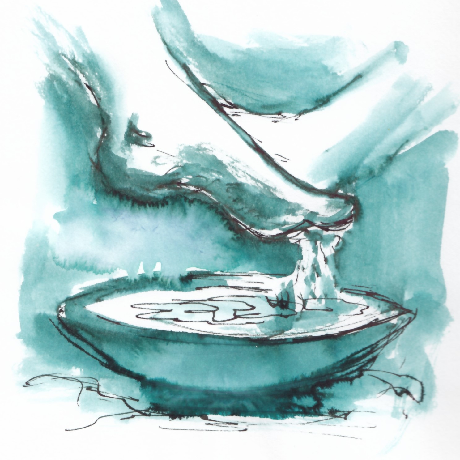 Ink and wash sketch of a foot being washed over a bowl, held by a gentle hand, by Maxine Dodd artist. The image shows the foot dripping with water over a bowl, in shades of teal blue
