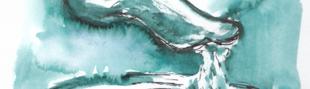 Ink and wash sketch of a foot being washed over a bowl, held by a gentle hand, by Maxine Dodd artist. The image shows the foot dripping with water over a bowl, in shades of teal blue