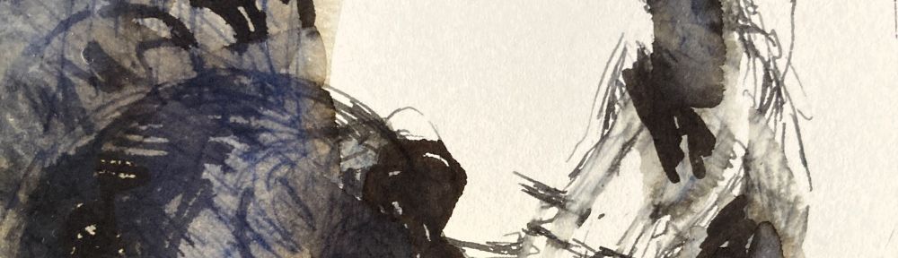 Jesus and Mary on Easter morning by Maxine Dodd, pen and ink sketch, showing Mary and Jesus silhouetted against a large sun in the mouth of the tomb