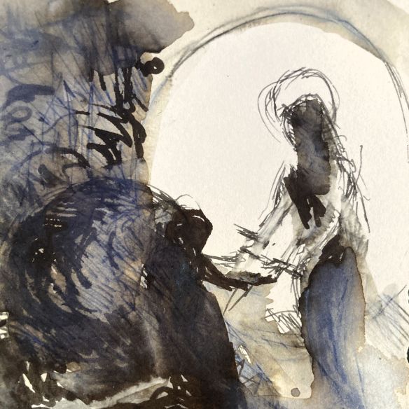 Jesus and Mary on Easter morning by Maxine Dodd, pen and ink sketch, showing Mary and Jesus silhouetted against a large sun in the mouth of the tomb