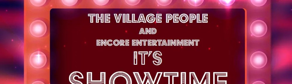Poster header for West End musical event presented by Village People Charity Fundraisers. Image looks like a billboard surrounded by flashing lights