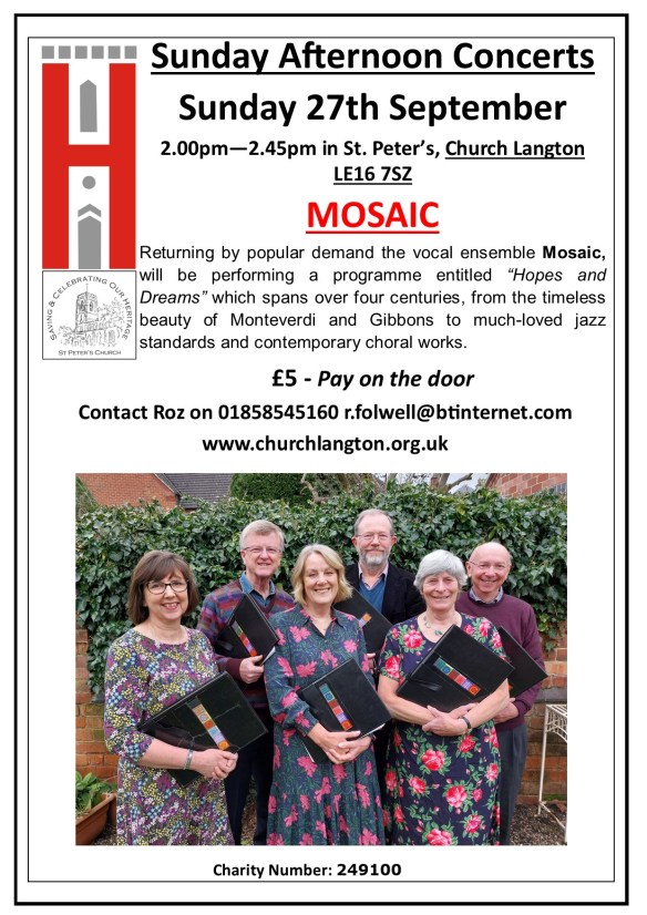 A4 poster advertising concert with Mosaic a capella singers.